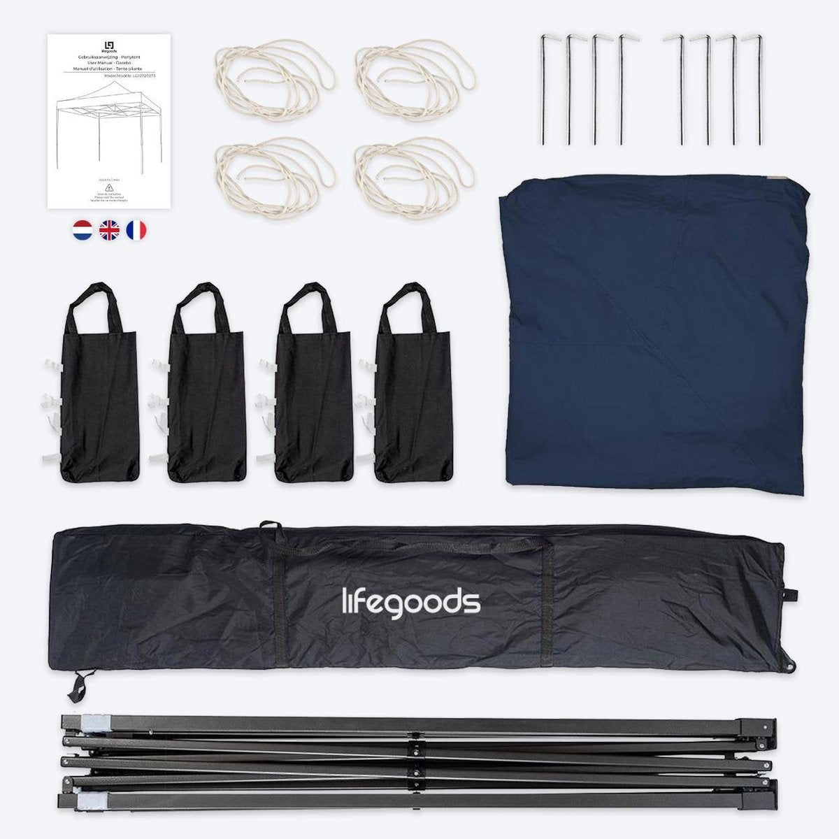 LifeGoods Partytent - Paviljoen - EasyUp - Opvouwbaar - Waterdicht - Met Draagtas met wieltjes - 300 x 300 cm - Donkerblauw