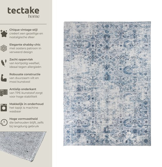tectake® Vintage design tapijt - laagpolig vloerkleed - Boho vloerkleed - Voor woonkamer, slaapkamer, kinderkamer of tienerkamer - Wasbaar - 240cm x 340cm - blauw