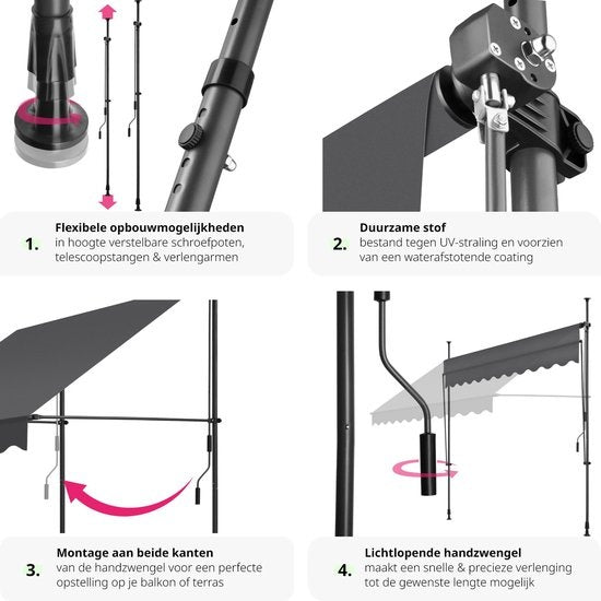 tectake - klemluifel - Zonnescherm – Zonneluifel - Verstelbaar - Klem-zonwering - Zonnescherm Balkon - 250 x 120 cm - zwartgrijs – zonwering - 404962