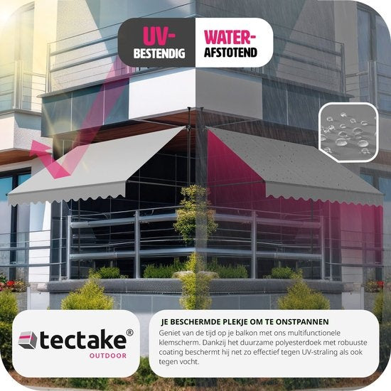 tectake - klemluifel - Zonnescherm – Zonneluifel - Verstelbaar - Klem-zonwering - Zonnescherm Balkon - 300 x 180 cm - lichtgrijs – zonwering - 404963