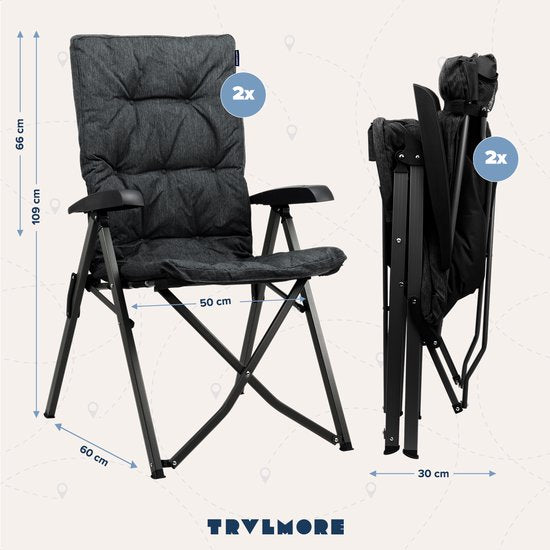 TRVLMORE Campingstoel - Inclusief Draagtas - Duo Pack - 120 kg draagvermogen - Kampeerstoel - Opbergvak - Klapstoel - Zwart