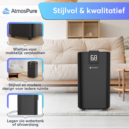 AtmosPure AirDry Elite Luchtontvochtiger - Ontvochtigt 12 Liter per Dag - Wasdroogfunctie - Zwart
