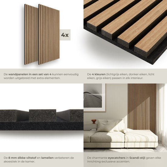 tectake® Set van 4 akoestische panelen Sonic Wall - Geluidsabsorberend paneel - Geluidsdemping - Akoestisch wandpaneel - 120x60x2,1cm - Akoestische wanddecoratie - Licht eiken