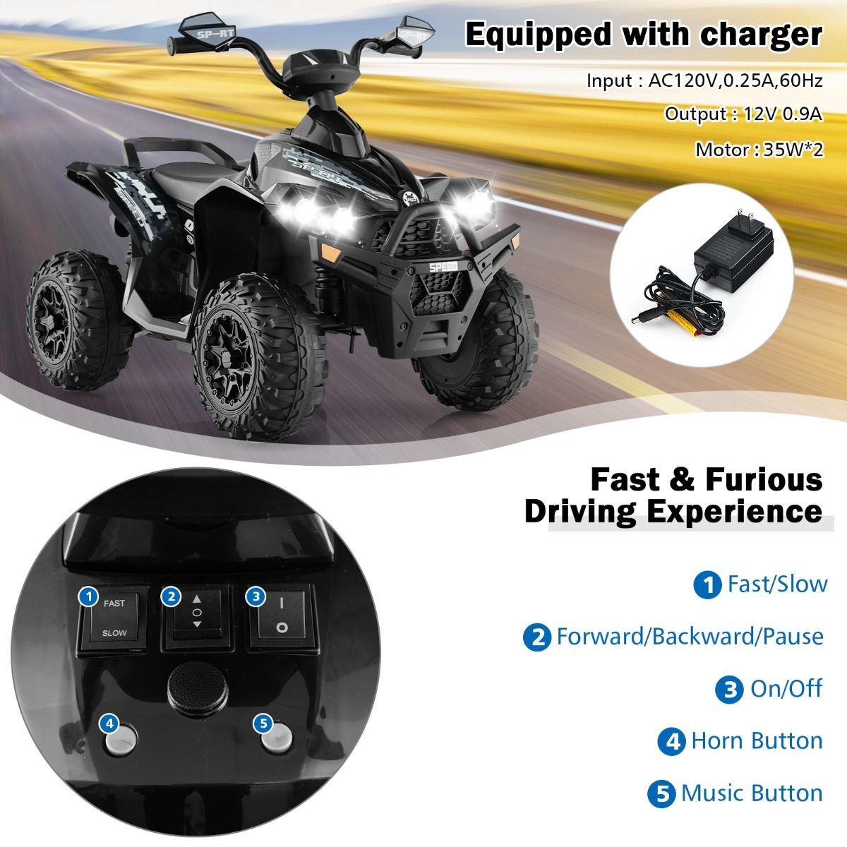 Coast Elektrische kinderquad - met muziek, claxon en LED-koplamp - zwart