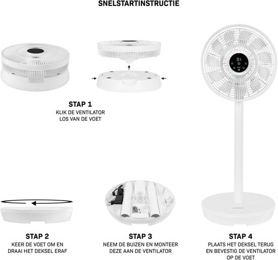 VONROC BREEZE Draadloze Ventilator – Fluisterstil (<44 dB) – 24 snelheden – lichtgewicht en draagbaar - 3 windmodi: Natuurlijk, Slaap, Normaal – Modulair: tafelventilator én vloerventilator – Luxe touchdisplay – Incl. afstandsbediening – Wit