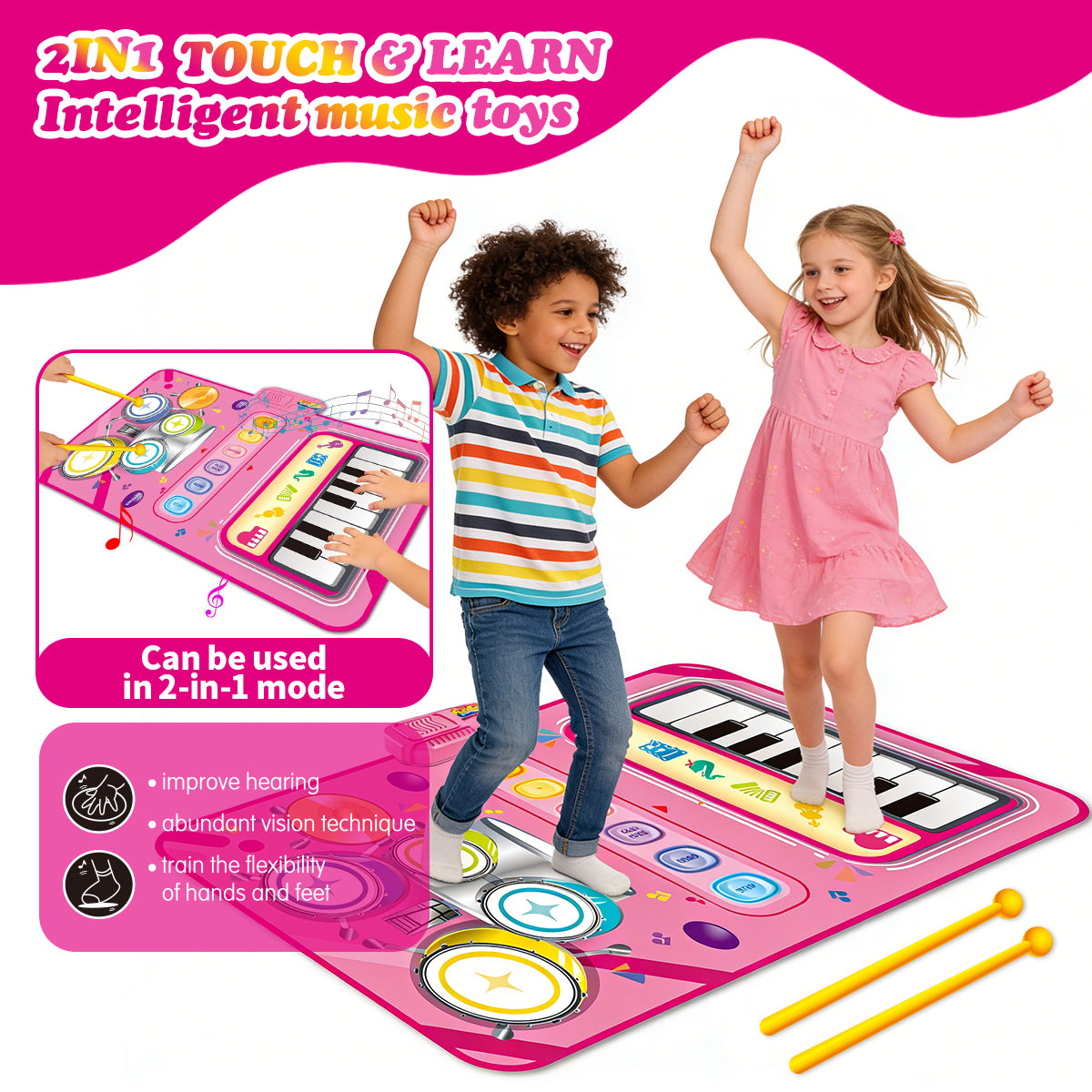 2-in-1 Muziekmat voor Kinderen – Piano & Drums – 33 Geluiden – 80 x 50 cm