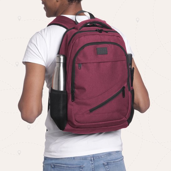 TRVLMORE Rugzak met Levenslange - Rugtas met 15,6 Inch Laptopvak - Schooltas - Spatwaterdicht - Heren en Dames - Jongens en Meisjes - 28L - Burgundy