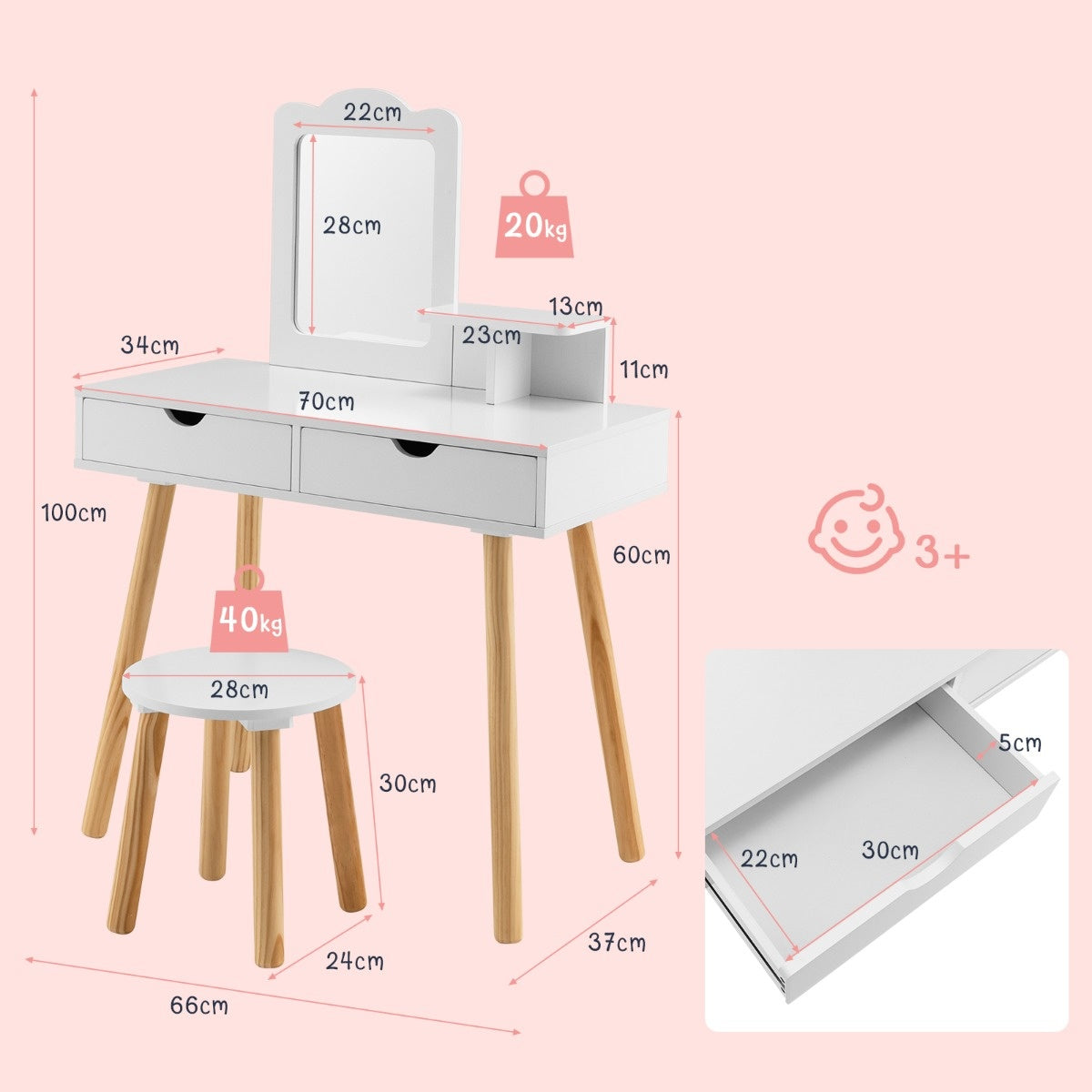 Coast 2 in 1 kinderen Dekseltafel Set bureau & ontlasting met spiegel 70 x 37 x 100 cm wit