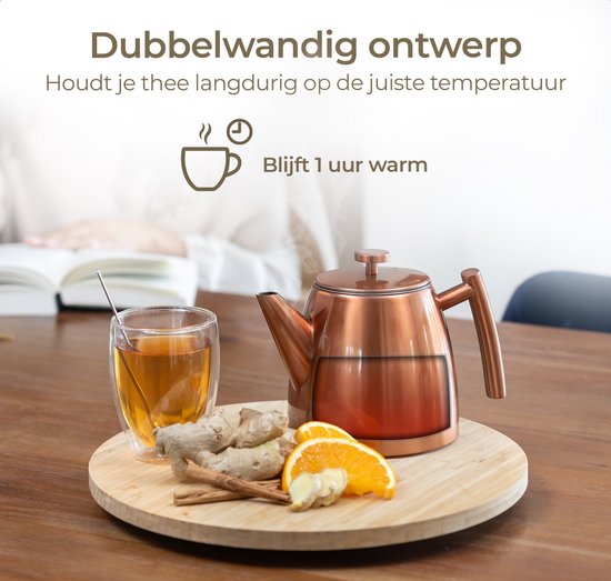 Vaja® Theepot Juliette Rosé - Dubbelwandig - 1 Liter - RVS Theekan met Filter & Warmhouder