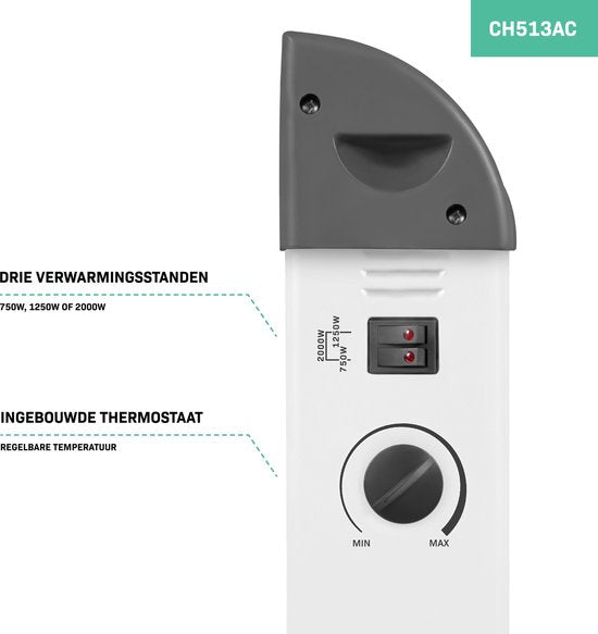 VONROC Elektrische kachel - Convectorkachel – 3 standen: 750W/1250W/2000W - Regelbare thermostaat- Verwarmt ruimtes tot 24m2 - Extra stevige behuizing – Geruisloos – Wit