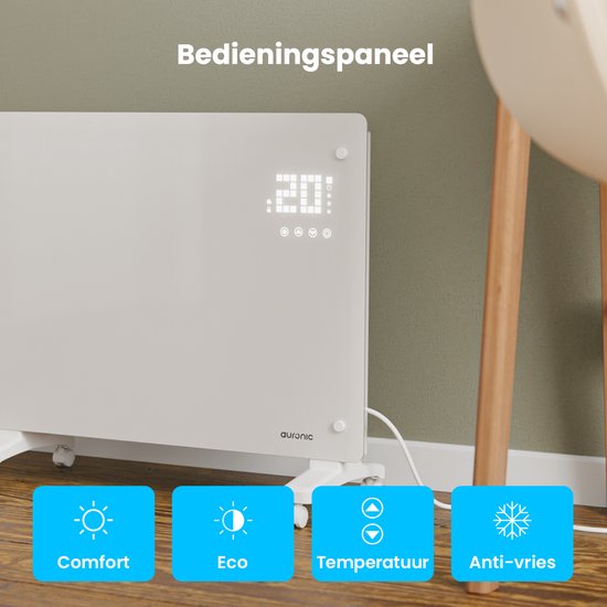 Auronic Elektrische Kachel – Convectorkachel met Thermostaat en Afstandsbediening - Glazen Paneelverwarming - 1500W Heater - Wit