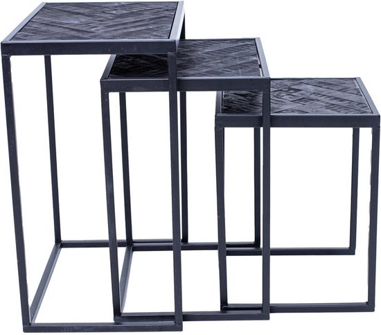 Bergen Bijzettafelset van 3 Tafels - Visgraat Patroon - Teakhout - 48 x 59 x 37 cm - Zwart