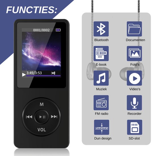 VAIVE HiFi MP3 / MP4 Speler Bluetooth - Voicerecorder - Dicatafoon - FM-radio