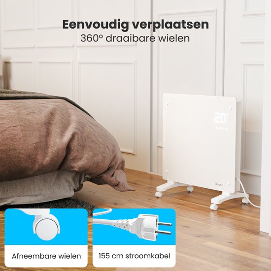 Auronic Elektrische Kachel – Convectorkachel met Thermostaat en Afstandsbediening - Glazen Paneelverwarming - 1000W Heater - Wit