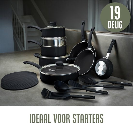 COOCK 19-Delige Pannenset Inductie - Zwart - Inclusief Onderzetters en E-book