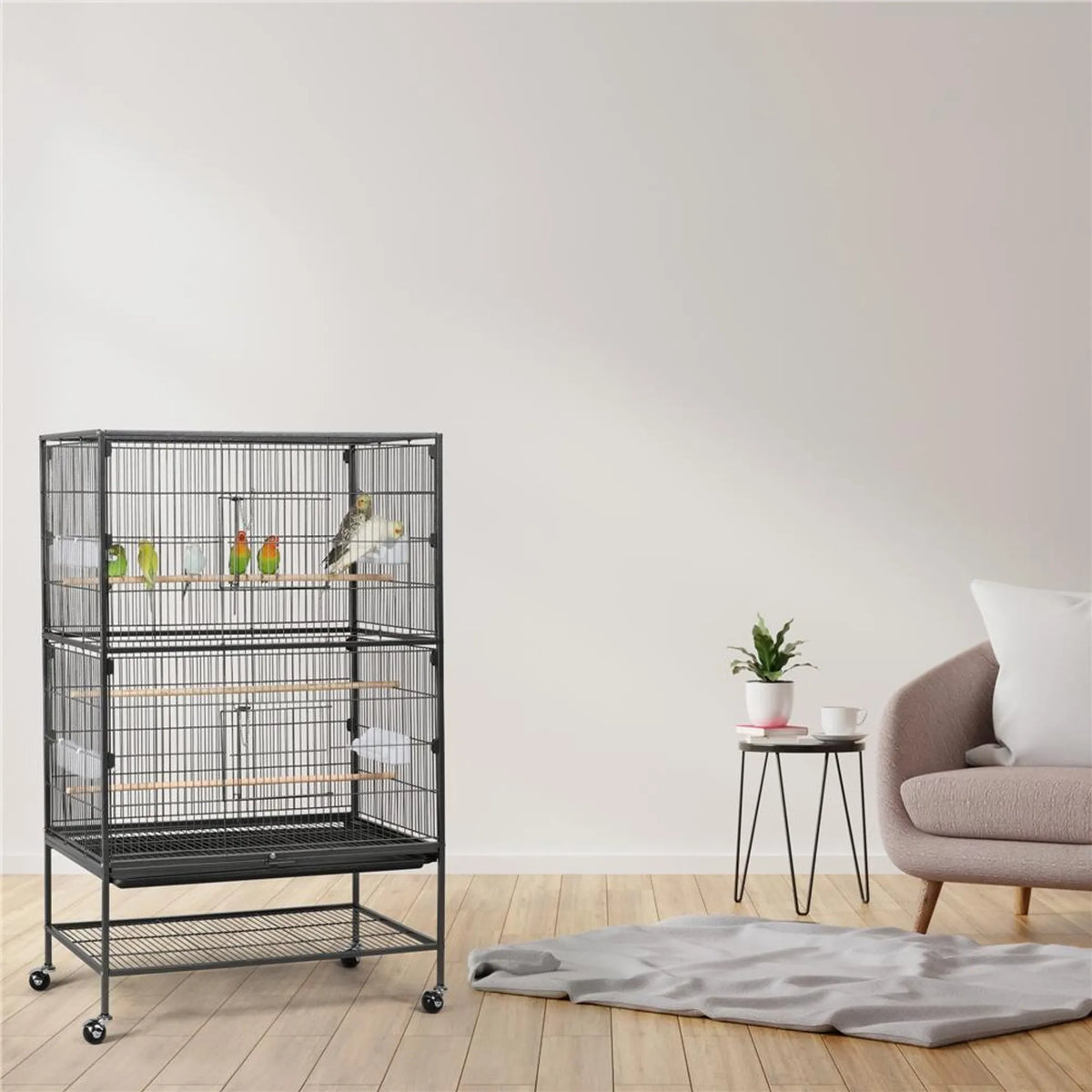 Yaheetech Vogelkooi XXL Met Verrijdbaar Onderstel – Voorzien Van Beveiligde Deur En Opbergplank En 3 Houten Zitstokken – Voor Papegaaien En Kaketoes – Zwart Metaal – 79 x 52 x 132 cm