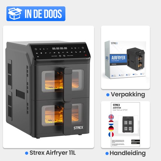 Strex Airfryer Dubbele Mand 11L XXL Heteluchtfriteuse 2500W - Airfryer 2 Manden - Dual Basket - 13 Kookprogramma's - Airfryer Verticaal Groot voor Gezin