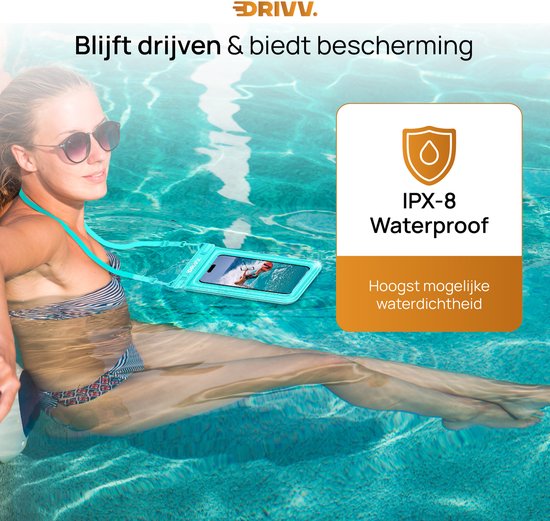 Drivv. Luxe Waterdicht Telefoonhoesje – Drijvend - Dubbele Klipsluiting - Telefoons tot 6.8 inch – Onderwater Hoesje Telefoon - Blauw