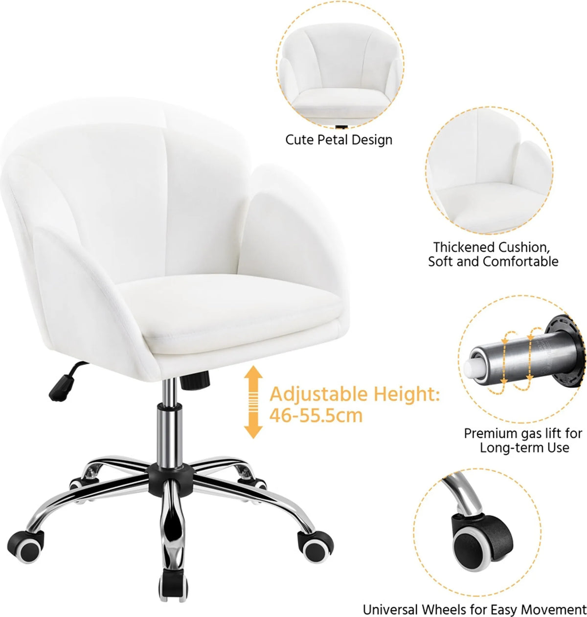 Yaheetech Stijlvolle Bureaustoel met Bloemdesign 72-81,5 cm – Sneeuwwit – Polyester en Metaal