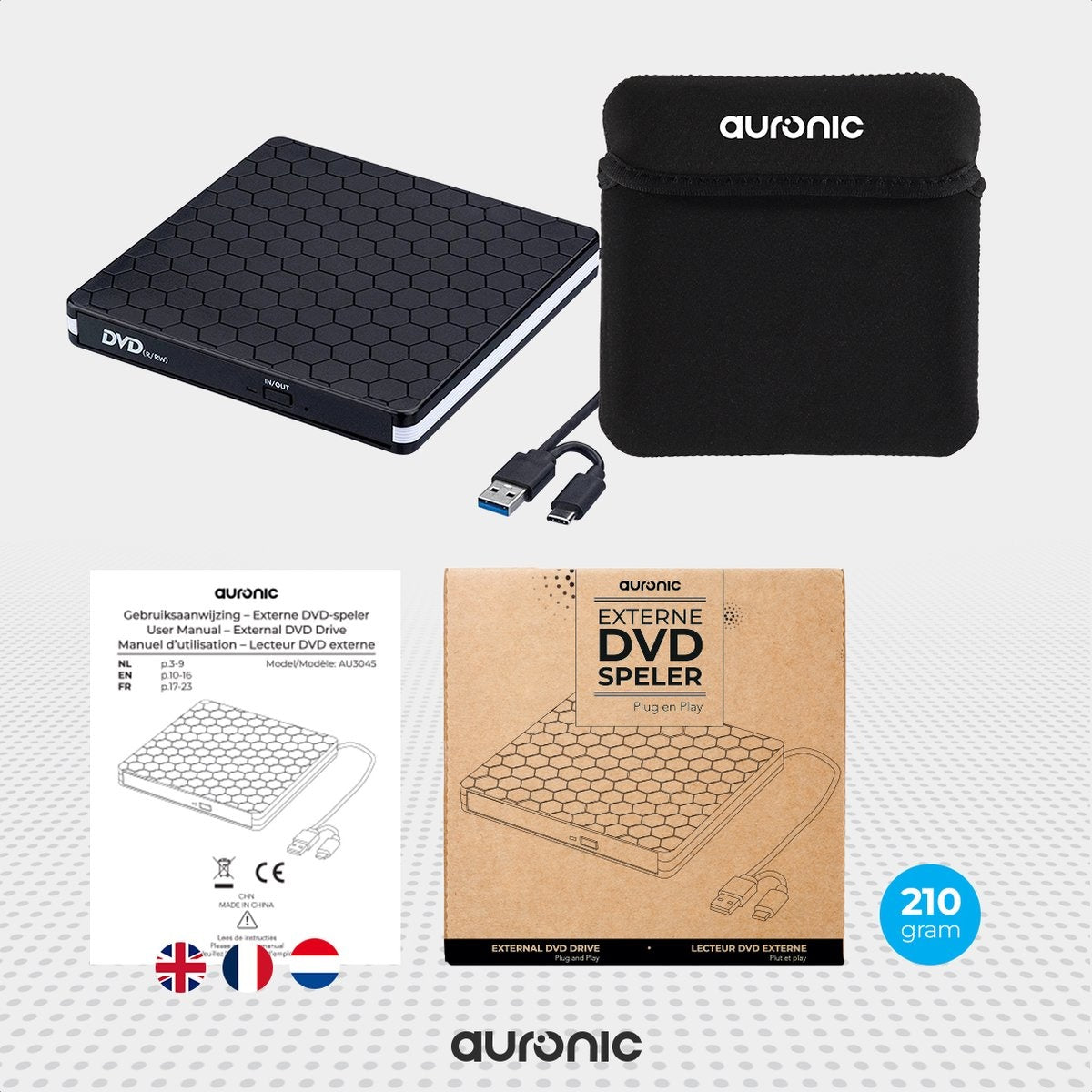 Auronic Externe DVD Speler - Voor Laptop en Brander - USB 3.0 of USB C - Windows, MacOS & Linux - Incl. Hoes + Kabel