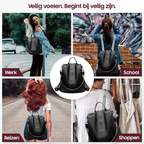 Glennoo Anti-Diefstal Rugzak En Schoudertas – Voorzien Van Verborgen Rits En Waterafstotend PU-Leer En Versterkte Handgreep – Voor Reizen En School – Zwart PU-Leer – 33 x 14 x 32 cm