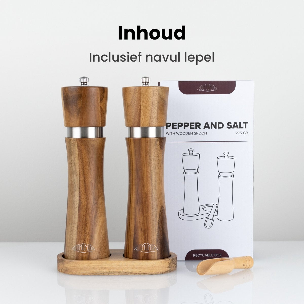 Nimma® Peper en Zoutmolen Set - Incl Navul Lepel - Verstelbare Maalgraad - Acacia Hout