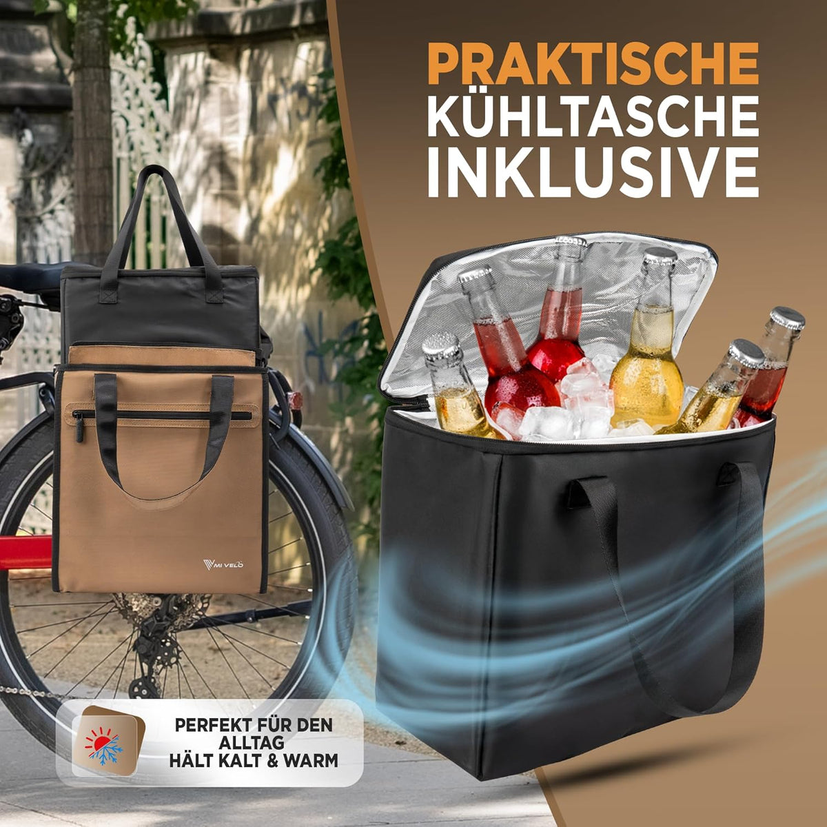 MIVELO - Fietstas Voor Boodschappen - 25 liter Inhoud & Afneembare Koeltas - Polyester - Beige
