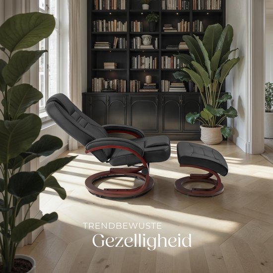 tectake® TV-Fauteuil met Kruk - Verstelbare Rugleuning - 360° Draaibare Relaxfauteuil - Houten Poten - TV-Fauteuil van Imitatieleer met Relaxfunctie - Zwart