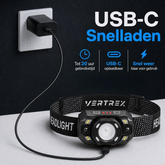 Vertrex Hoofdlamp LED Oplaadbaar - Instelbare Lichtbundel - USB-C - IPX5 - Zwart