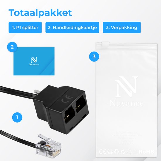 Nuvance P1 Splitter - Passief - Geschikt voor Homewizard - P1 Meter, Laadpaal, Energiemeter, Slimme Meter - RJ12 Poort