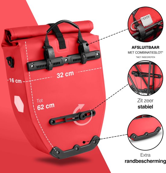 Valkental - ValkBasic 28L - Rood - Grote en waterdichte bagagedragertas - fietstas voor bagagedrager met reflectoren
