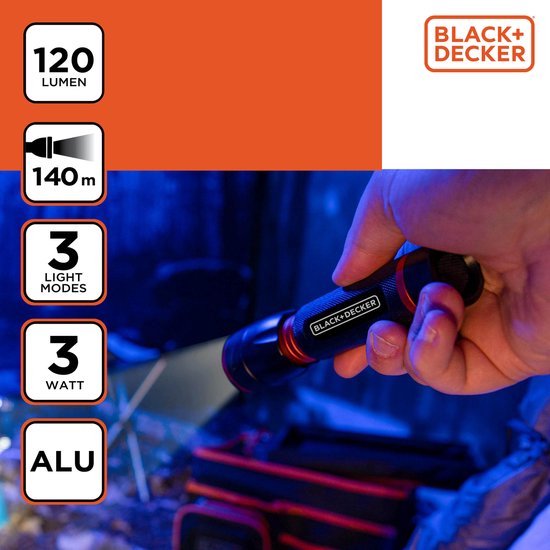 BLACK+DECKER LED Zaklamp 120 Lumen - 3W - 140M Bereik - 3 Lichtstanden: Hoog, Laag, Pulserend - Zwart/Oranje