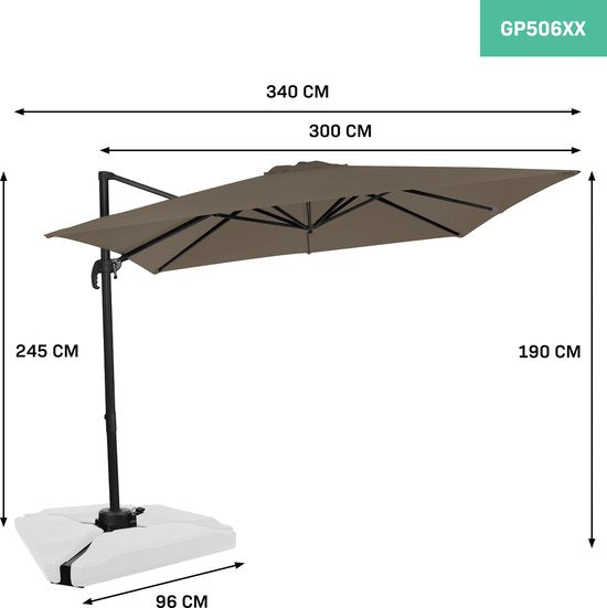 VONROC Premium Zweefparasol Pisogne 300x300cm – Incl. kruisvoet & beschermhoes – Vierkante parasol – 360 ° Draaibaar - Kantelbaar – UV werend doek - Taupe
