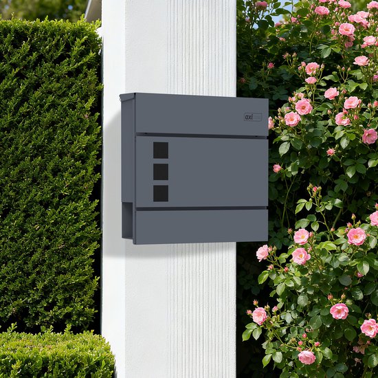 AXI Jonas Brievenbus van Metaal – Antraciet – Stalen Brievenbus met Slot – Wandmodel –37x11x37 cm – Inclusief 2 Sleutels – Met Krantenhouder – Weerbestendig