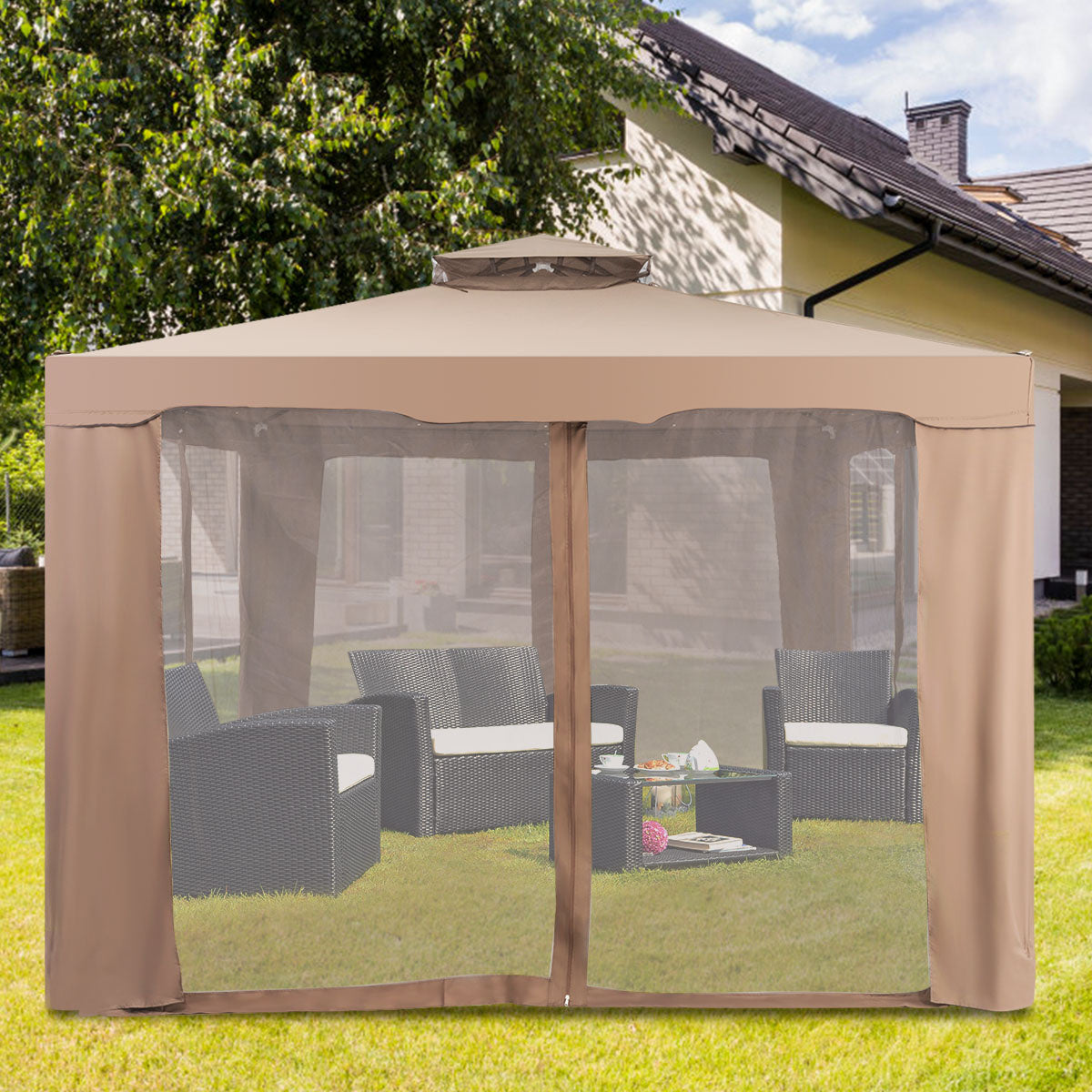 Tuinpaviljoen - Vouwpaviljoen - Paviljoen - Partytent - Gazebo - 3,25x3,25cm - 4 Mesh zijwanden - Cremewit
