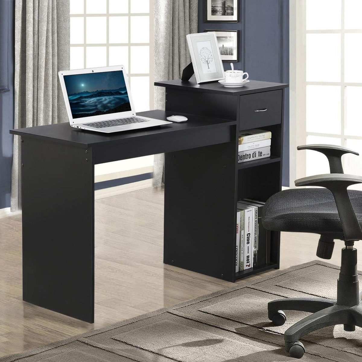 Yaheetech Computertafel - Met Lade en 2 Legplanken - 112 x 50 x 82 cm - Zwart