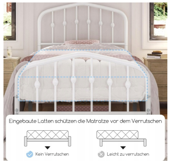 Yaheetech Eenpersoonsbed Metaal Vintage - Wit - 90 x 190 cm