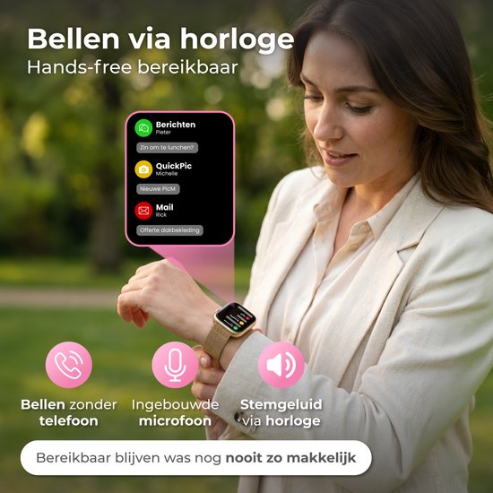 Nuvance Smartwatch Dames - Stappenteller Horloge Dames - Hartslagmeter - Sporthorloge - Geschikt voor iOS/Android - AMOLED - Incl. 5 Bandjes - Goud