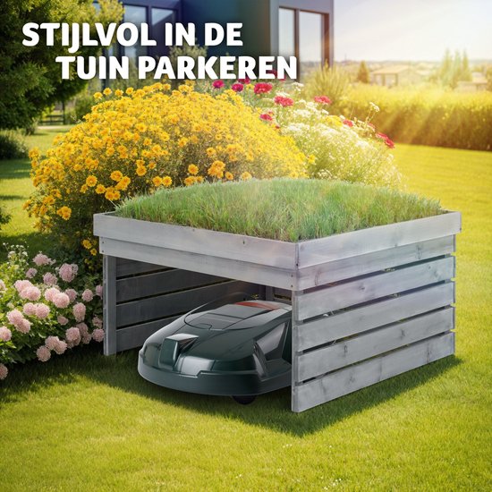 tectake® Garage voor robotmaaier - Houten behuizing met groendak, plantenbak, bloembak - Tuinopslag voor grasmaaier - Weer- en UV-bestendig - 84 x 78 x 46 cm