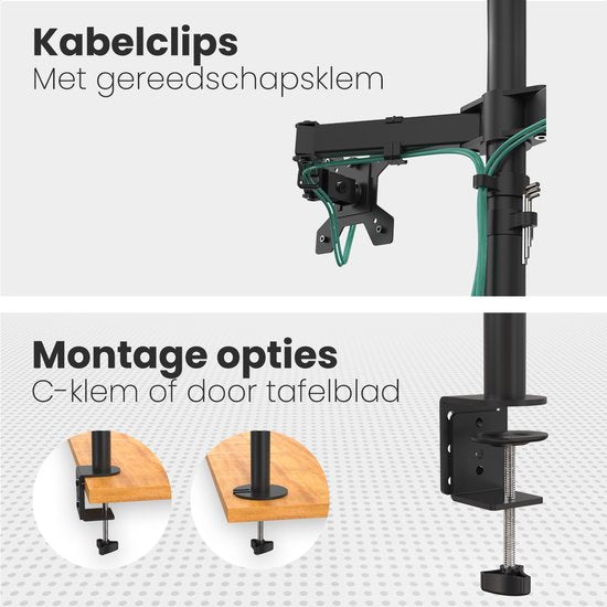 Auronic Monitor Arm - 2 Schermen - 13 tot 27 Inch - Verstelbaar - Draai, Kantel en Zwenkbaar - Dubbele Monitor Beugel - Staal - Zwart