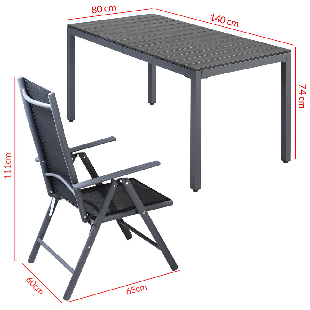 Tuinset 6 + 1 Klapstoelen Tuintafel \/u2013 Aluminium 140x80cm - Grijs