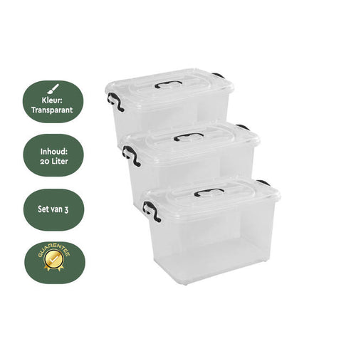 BRASQ Opbergbox Set van 3 – 20 Liter – Transparant – 39x29x18 cm – Stapelbare Kunststof Opbergdozen