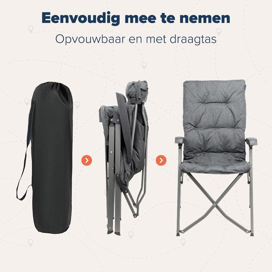 TRVLMORE Campingstoel - Inclusief Draagtas - Comfortabele Vouwstoel - 150 kg draagvermogen - Kampeerstoel - Opbergvak - Klapstoel - Grijs