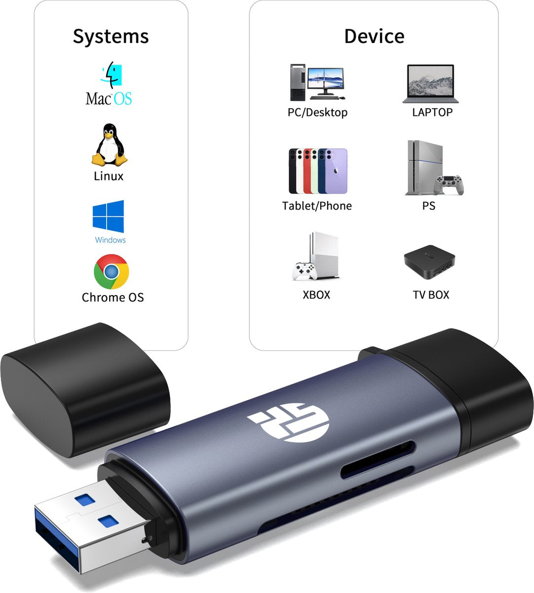 Vlectro Geheugenkaartlezer 6 x 2,5 x 1 cm – Aluminium Grijs – USB-C, USB 3.0 & Micro USB