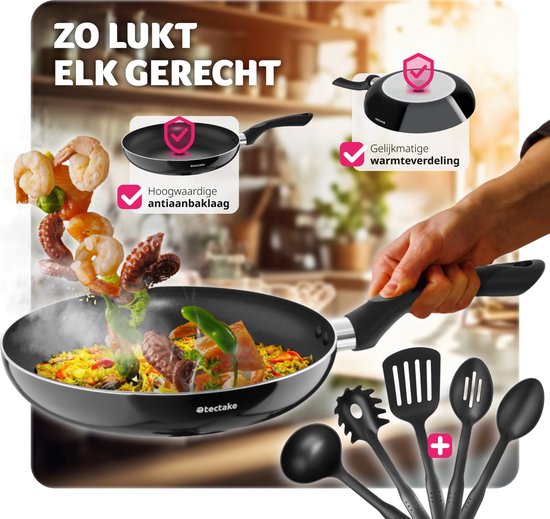 tectake® Pannenset 15-delig - Aluminium met glazen deksels - Inclusief keukengerei - Zwart
