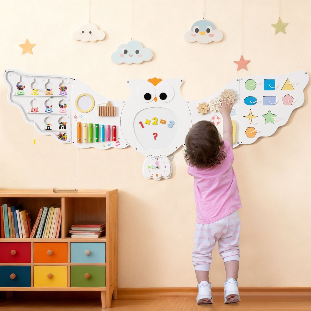 Coast Wandactiviteitenbord Uil - 11-in-1 educatief activiteitenbord - Montessori speelgoed - wit