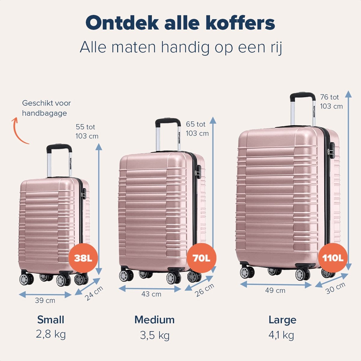 TRVLMORE Kofferset - 2 Delig - 38L Handbagage + 110L Ruimbagage - Roségoud