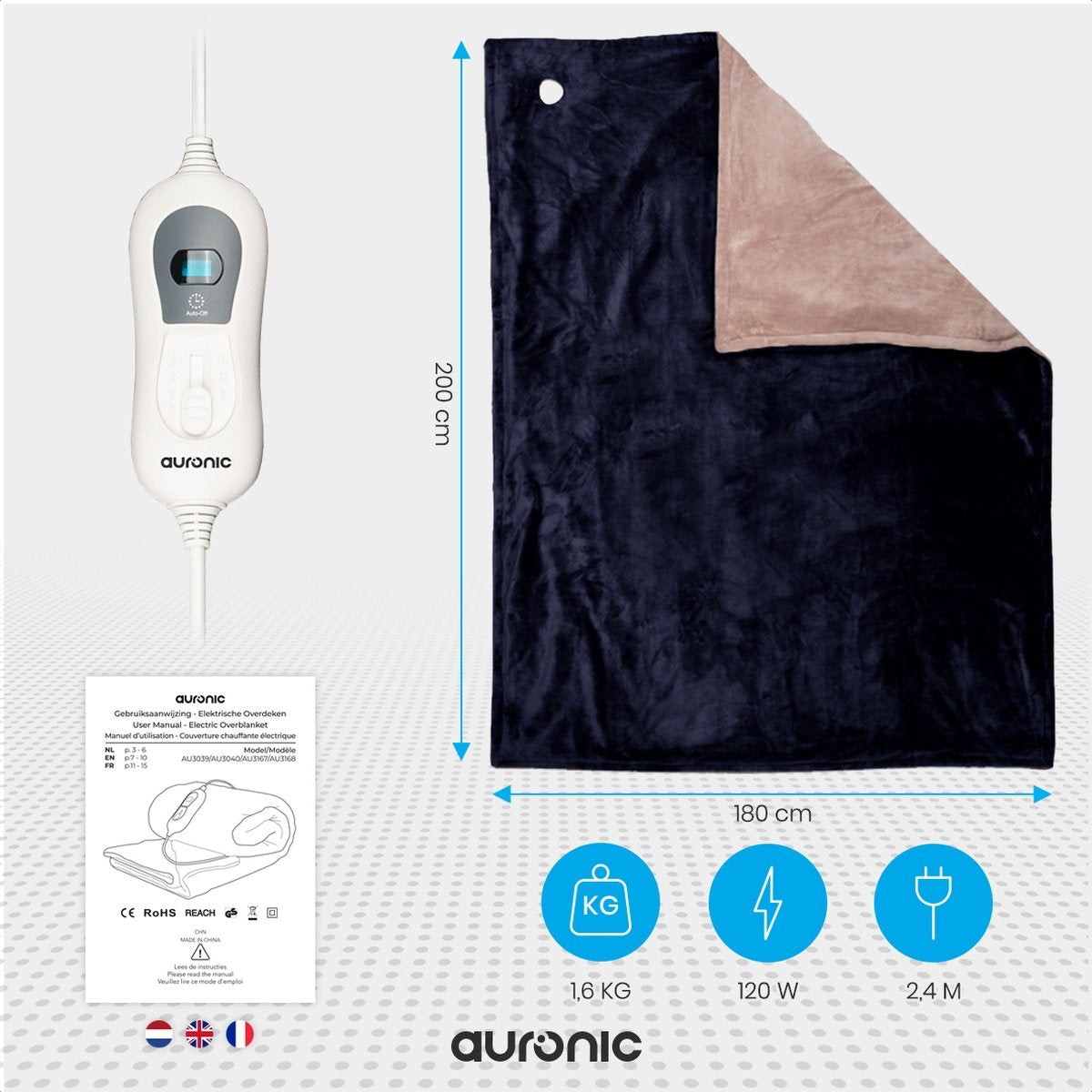 Auronic Elektrische Warmtedeken - Bovendeken - 2 Persoons - 3 Warmtestanden - Met Timer - 200 x 180 cm - Blauw