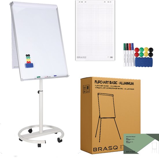 BRASQ Flipover Verrijdbaar Deluxe - 70x100 cm - Verstelbaar Whiteboard - Inclusief 25 vellen papier en accessoires - met Uitschuifbare Armen - Magnetisch bord met Haken - Magneetbord- Wit