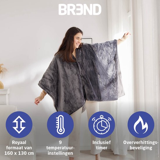 BREND BR-2220 Elektrische Deken en Poncho – Sherpa en Flanel Fleece Plaid – Warmte Cape - 160 x 130 cm - 9 Temperatuurinstellingen - Antraciet